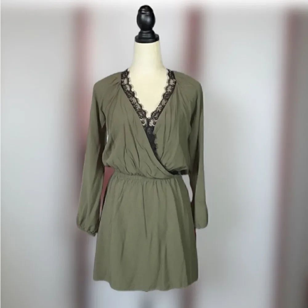 Express Olive Green Faux Wrap Top Dress With Elastic Waist & Lace Trim (Size: S)
